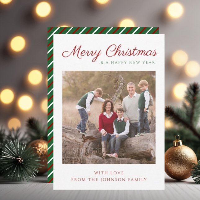 Cartão De Festividades Imagem de Natal do Elegant Script Green Stripes (Elegant Script Green Stripes Christmas Photo Holiday Card)