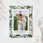 Cartão De Festividades Imagem de Padrão Botânico de Natal com Aquarela<br><div class="desc">Feliz Feriados! Envie cartões de natal para a família e amigos com este cartão de dia de Natal. Apresenta um padrão aquarela de colas e folhagem de Natal. Personalize adicionando uma foto vertical,  nomes e mensagem.</div>