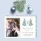 Cartão De Festividades Imagem do Monograma Verde Azul Chinoiserie (Chinoiserie Chic Twin Christmas Trees with family picture and monogram)