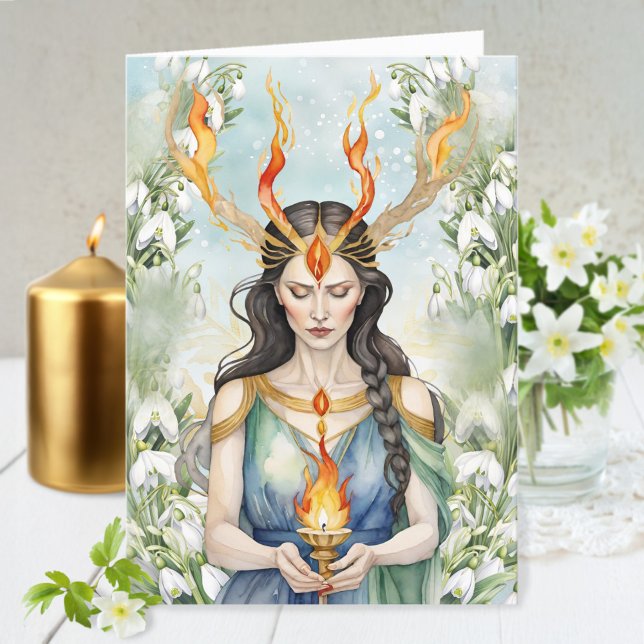 Cartão De Festividades Imbolc Wiccan Goddess Flame & Snowdrop Flowers (Imbolc Wiccan Goddess Flame & Snowdrop Flowers Holiday Card)