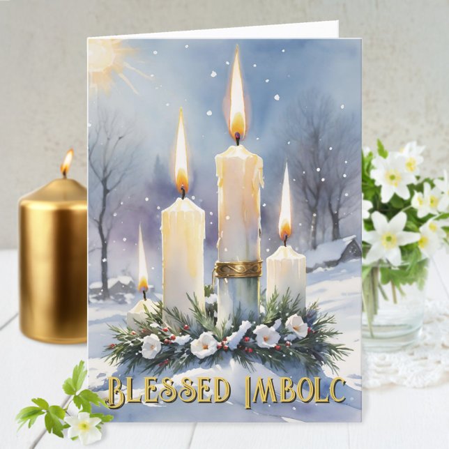 Cartão De Festividades Imbolc Wiccan Winter Floral Wreath Candelas (Imbolc Wiccan Winter Floral Wreath Candles Holiday Greeting Card)