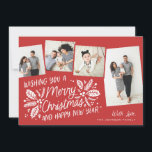 Cartão De Festividades Instantâneo Incluso Holly Vintage Vermelha 4 com V<br><div class="desc">Este cartão com fotos festivo e chic apresenta nossa folhagem original de inverno desenhada à mão com uma doce tipografia estilada em vermelho com 4 fotos jogadas inclinadas. As costas vêm com um padrão correspondente para um toque especial extra.</div>