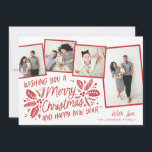 Cartão De Festividades Instantâneo Incluso Holly Vintage Vermelha 4 com V<br><div class="desc">Este cartão com fotos festivo e chic apresenta nossa folhagem original de inverno desenhada à mão com uma doce tipografia estilada em vermelho com 4 fotos jogadas inclinadas. As costas vêm com um padrão correspondente para um toque especial extra.</div>