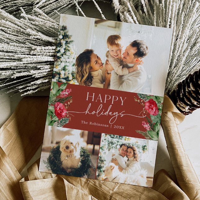 Cartão De Festividades Inverno Botânico Borgonha Vermelho Moderno Script  (Criador carregado)