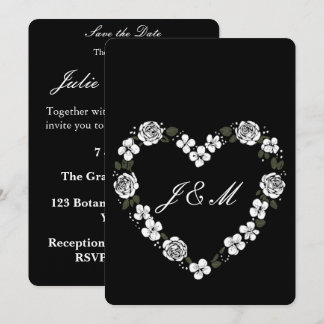 Cartão De Festividades Invitation de mariage en forme de cœur floral noir