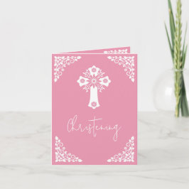 Cartão De Festividades Invitation Floral Cross Christening Rose Pink