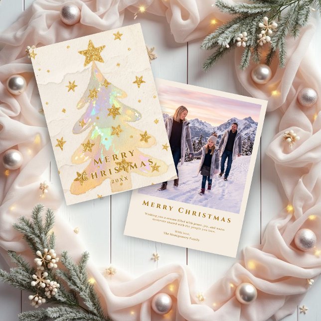 Cartão De Festividades Iridescent Christmas Tree Watercolor Gold Stars (Iridescent Christmas Tree Watercolor Style with Gold Glitter Stars Holiday Cards with Back Photo.)