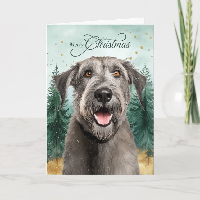 Cartão De Festividades Irish Wolfhound Dog Winter Pine Forest Christmas (Frente)