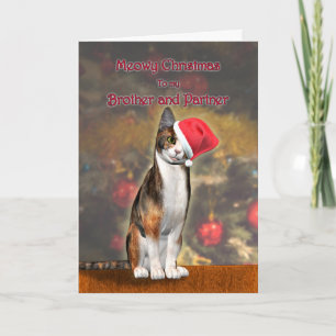 Cartão De Festividades Irmão e parceiro, gato engraçado num chapéu de Nat