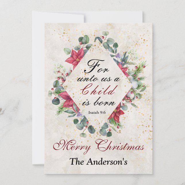 Cartão De Festividades Isaiah 9:6 Para nós uma criança é nascer, Natal (Frente)
