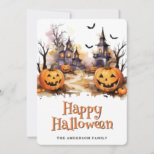 Cartão De Festividades Jack O'Lanterns Bats Graveyard Halloween Card (Frente)