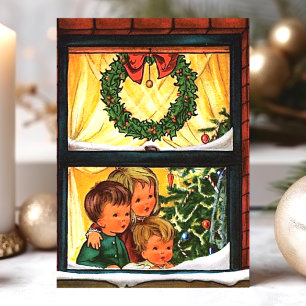 Cartão De Festividades Janela de Natal Antiga Com Crianças