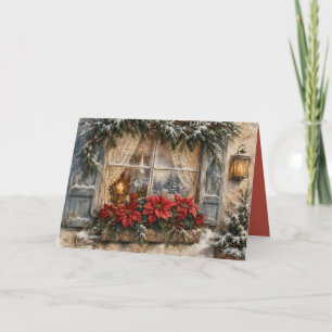 Cartão De Festividades Janela de Natal com Poinsettia Nevada