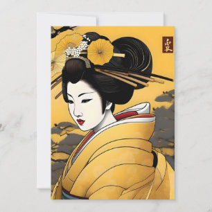 Cartão De Festividades Japonês Geisha no Retrato Amarelo B