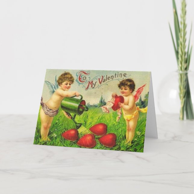 Cartão De Festividades Jardineiros Cupidos do Namorados Vintage (Frente)
