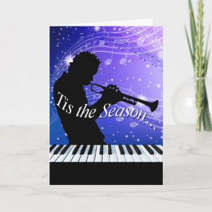 Cartão De Festividades Jazz Horn Player Tis the Season   azul cobalto