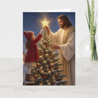 Cartão De Festividades Jesus Ajuda Menina a Decorar a Árvore de Natal