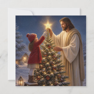 Cartão De Festividades Jesus Ajuda Menina a Decorar a Árvore de Natal