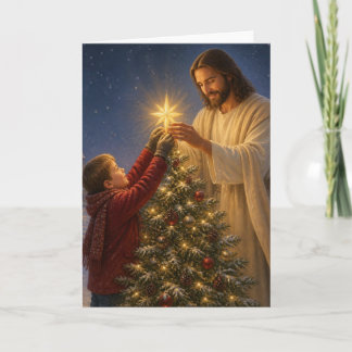Cartão De Festividades Jesus Ajuda Menino a Decorar a Árvore de Natal