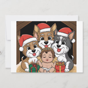 Cartão De Festividades Jesus nasceu cachorrinhos adorando