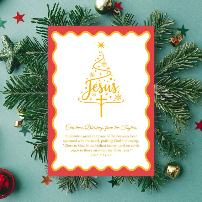 Cartão De Festividades Jesus Script Christmas Tree Blessings (Jesus Script Christmas Tree Card Gold with Luke 2:13–14)