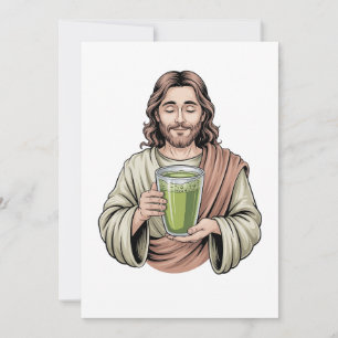 Cartão De Festividades Jesus segurando uma bebida verde de Matcha Cristão