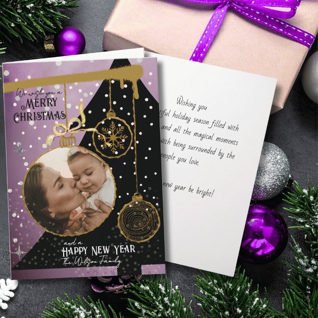Cartão De Festividades Jewel Tone Lavender & Gold Photo Christmas Card (Jewel Tone Lavender & Gold Photo Christmas Card)
