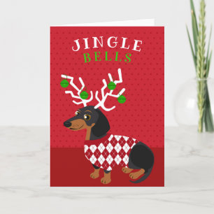Cartão De Festividades Jingle Bells Cute Dachshund with Antlers Christmas