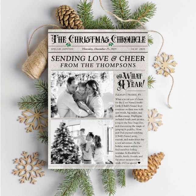 Cartão De Festividades Jornal Antigo 2 Foto Que Ano Natal (Modern black and white and red unusual vintage newspaper theme family 2 photo Christmas holiday card)