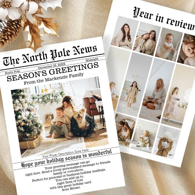 Cartão De Festividades Jornal de Natal do Polo Norte Personalizado (North Pole News Christmas Newspaper Personalized Holiday Card by Ricaso. Fun cards with your photos)