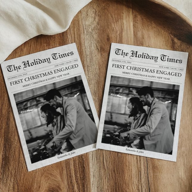 Cartão De Festividades Jornal Primeiro Natal Engajado Único (First Christmas Engaged Newspaper Holiday Card with Photo, Engagement Announcement )