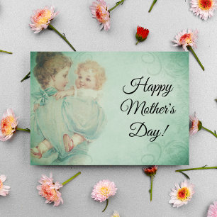 Cartão De Festividades Jovem Mãe Vintage Verde Menta Dia das Mães Feliz