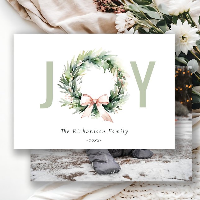Cartão De Festividades Joy Blush Green Christmas Wreath Photo (Criador carregado)