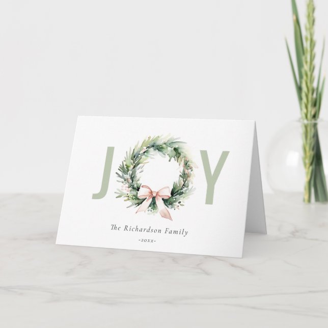 Cartão De Festividades Joy Blush Green Christmas Wreath Watercolor (Frente)