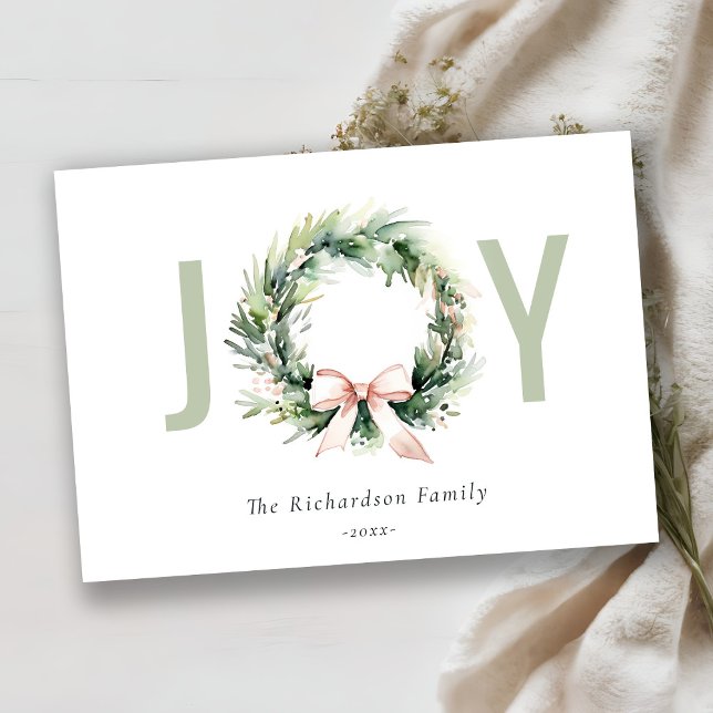 Cartão De Festividades Joy Blush Green Christmas Wreath Watercolor (Criador carregado)