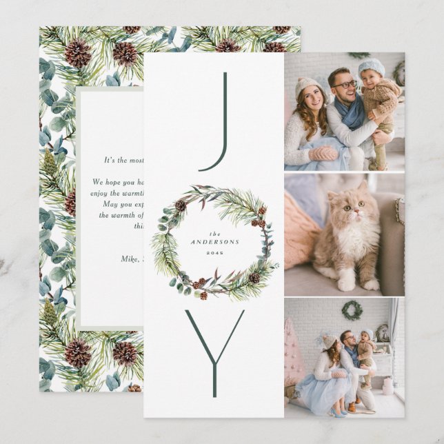 Cartão De Festividades Joy Botanic Pine Wreath Photo Collage Natal (Frente/Verso)