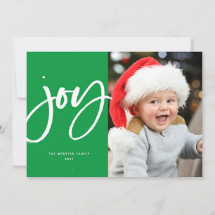 Cartão De Festividades Joy brush script modern green one-photo Christmas