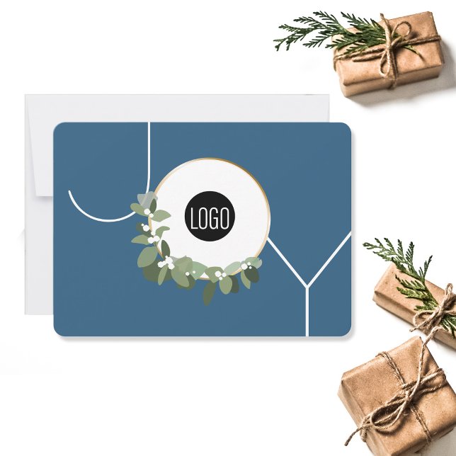 Cartão De Festividades Joy Business Logo Feliz Feriados Dusty Blue (Joy business holiday card blue, green, white. Custom logo.)