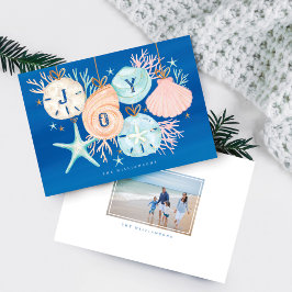 Cartão De Festividades Joy Christmas Ocean Watercolor Seashell Ornaings