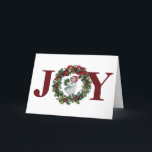 Cartão De Festividades Joy Christmas Wreath Girl Vintage Red Holly Winter<br><div class="desc">Na frente do cartão,  lê-se "Joy" em vermelho,  com uma coroa de Natal feita de Holly e Mistura em vez da letra "O". Há também uma vintage no capô vermelho segurando um buquê de galhos no centro da coroa. Perfeito para os feriados de Natal.</div>