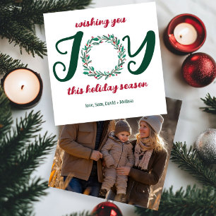 Cartão De Festividades JOY Christmas Wreath Hand-Drawn FOTO PERSONALIZADA