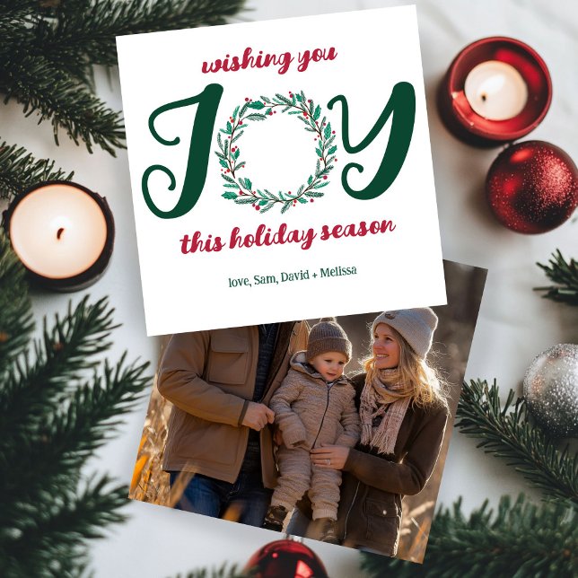 Cartão De Festividades JOY Christmas Wreath Hand-Drawn FOTO PERSONALIZADA (JOY Christmas Wreath Hand-Drawn CUSTOM PHOTO Holiday Card
)