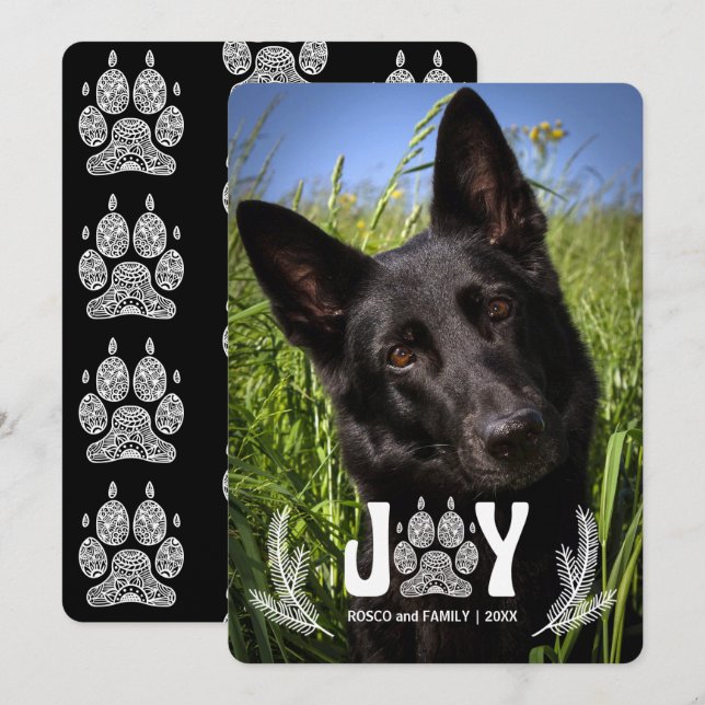 Cartão De Festividades Joy Dog Paw Print and Pines Pet Lover Photo (Frente/Verso)