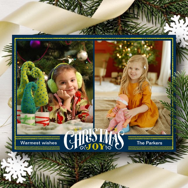 Cartão De Festividades Joy Dusty Dourado Script simples Foto Natal (Criador carregado)