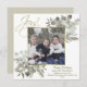 Cartão De Festividades Joy! Elegant Sage & Gold Winter Greenery w/ Photo (Frente/Verso)