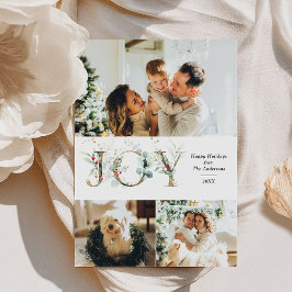 Cartão De Festividades JOY Elegante 3 Fotos Verde Dourado Natal