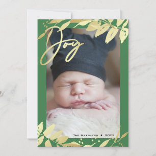 Cartão De Festividades Joy Family Foto Dourada de Natal Botânico Verde