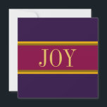 Cartão De Festividades JOY Festivo Colorido Vermelho Borgonha Roxo Listra<br><div class="desc">Este design chique de temporada de férias apresenta listras finas douradas e marrons destacando o texto moderno "JOY" dentro de uma larga faixa central vermelha borgonha adjacente a faixas externas roxas profundas.</div>
