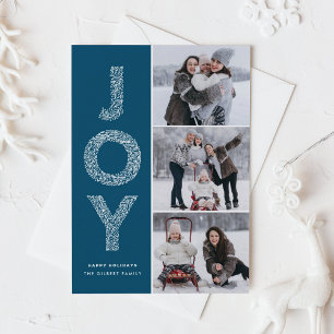 Cartão De Festividades JOY Foliage Lettering Blue Photo Collage