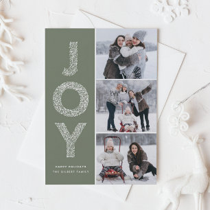Cartão De Festividades JOY Foliage Lettering Taupe Green Photo Collage